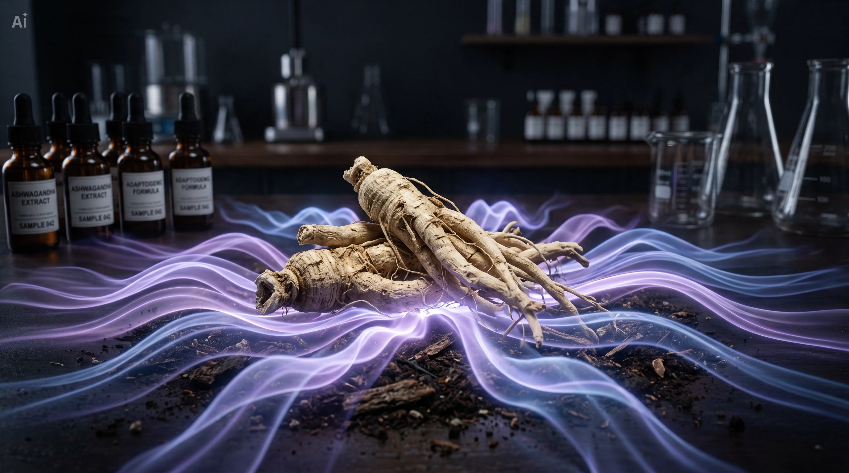 Raíces de Ashwagandha en laboratorio