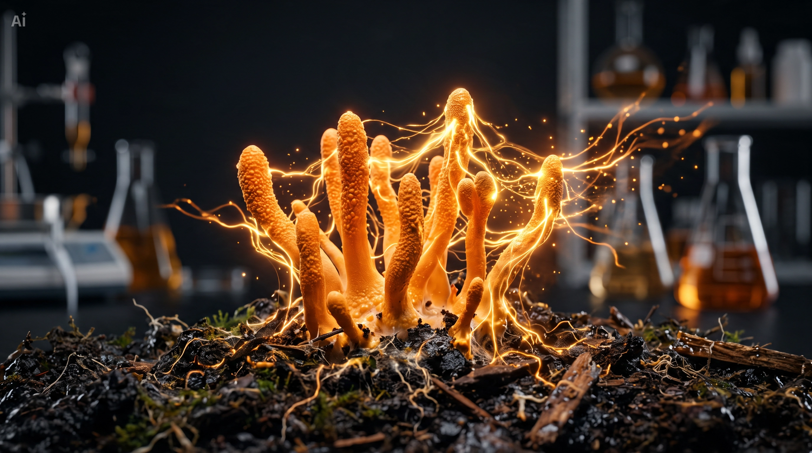 Tallos de Cordyceps en laboratorio