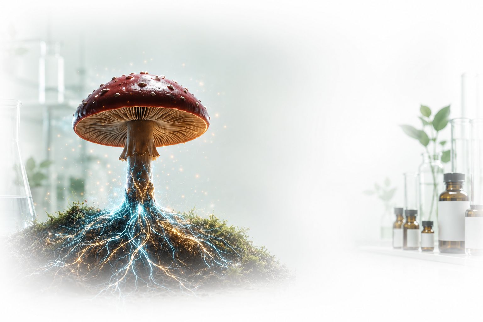 Hongo Reishi adaptógeno natural con raíces bioluminiscentes, símbolo de la energía e inteligencia fungi de Mycelium
