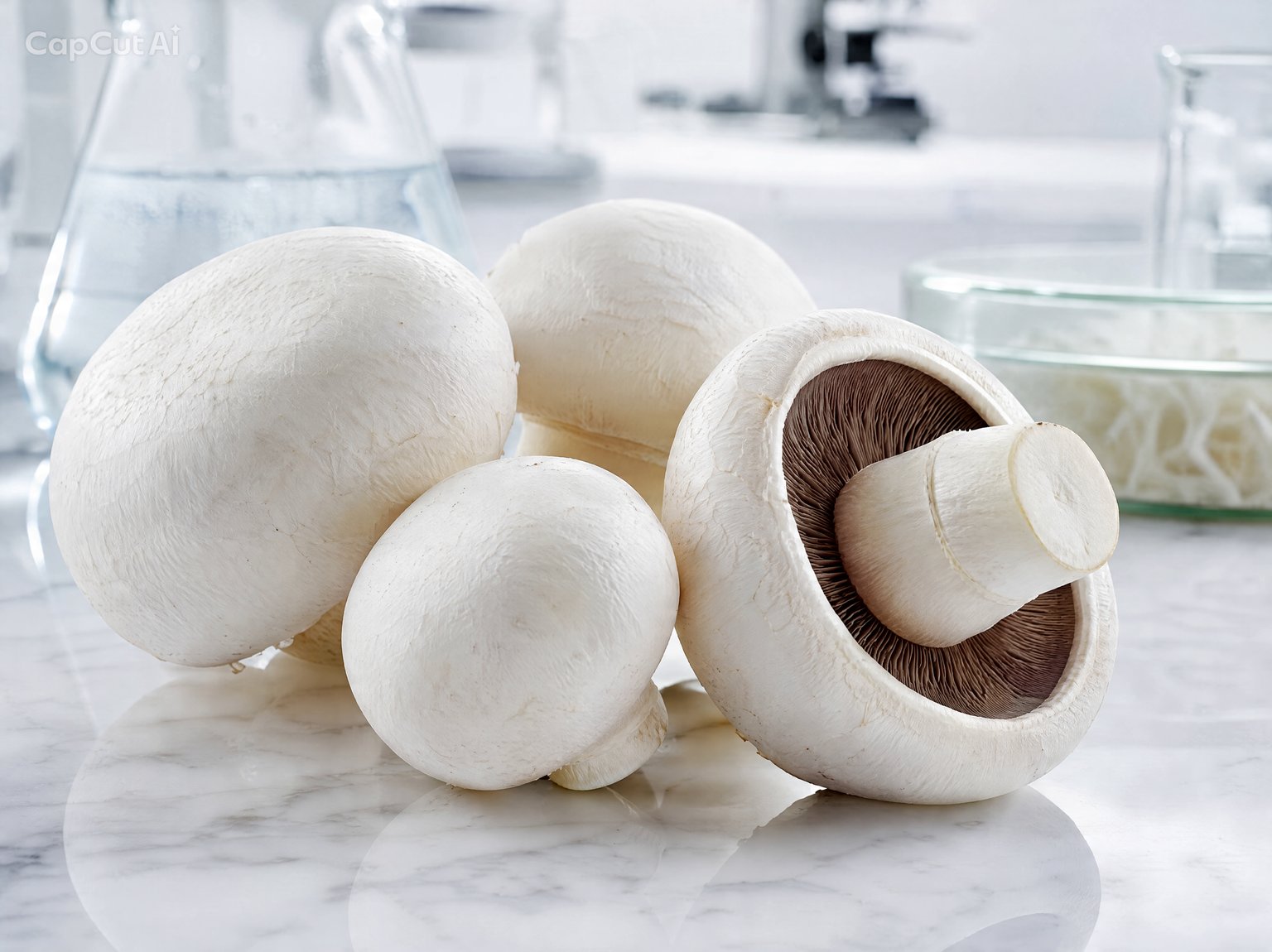 Macrofotografía hiper-realista de Agaricus (Agaricus bisporus), cuerpo fructífero blanco cortado mostrando láminas, en ambiente de laboratorio sobre mármol