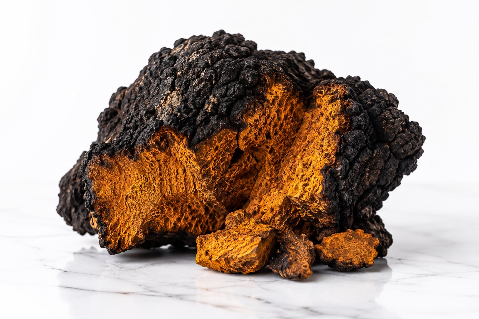 Macrofotografía hiper-realista de Chaga (Inonotus obliquus), exterior color carbón e interior naranja ocre, en ambiente de laboratorio