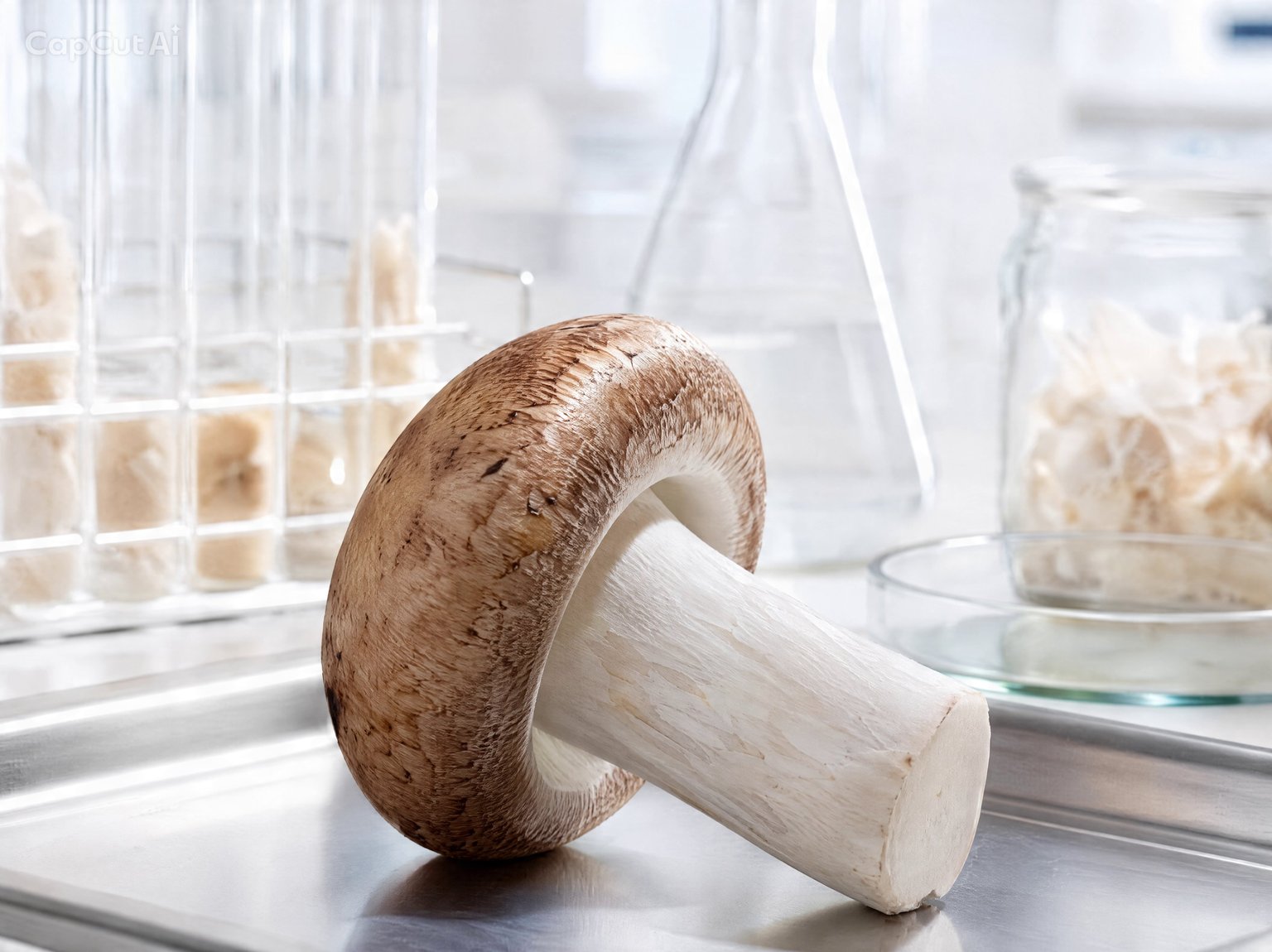Macrofotografía hiper-realista de Champignon del Sol (Agaricus blazei), cuerpo fructífero color castaño, en ambiente de laboratorio sobre acero