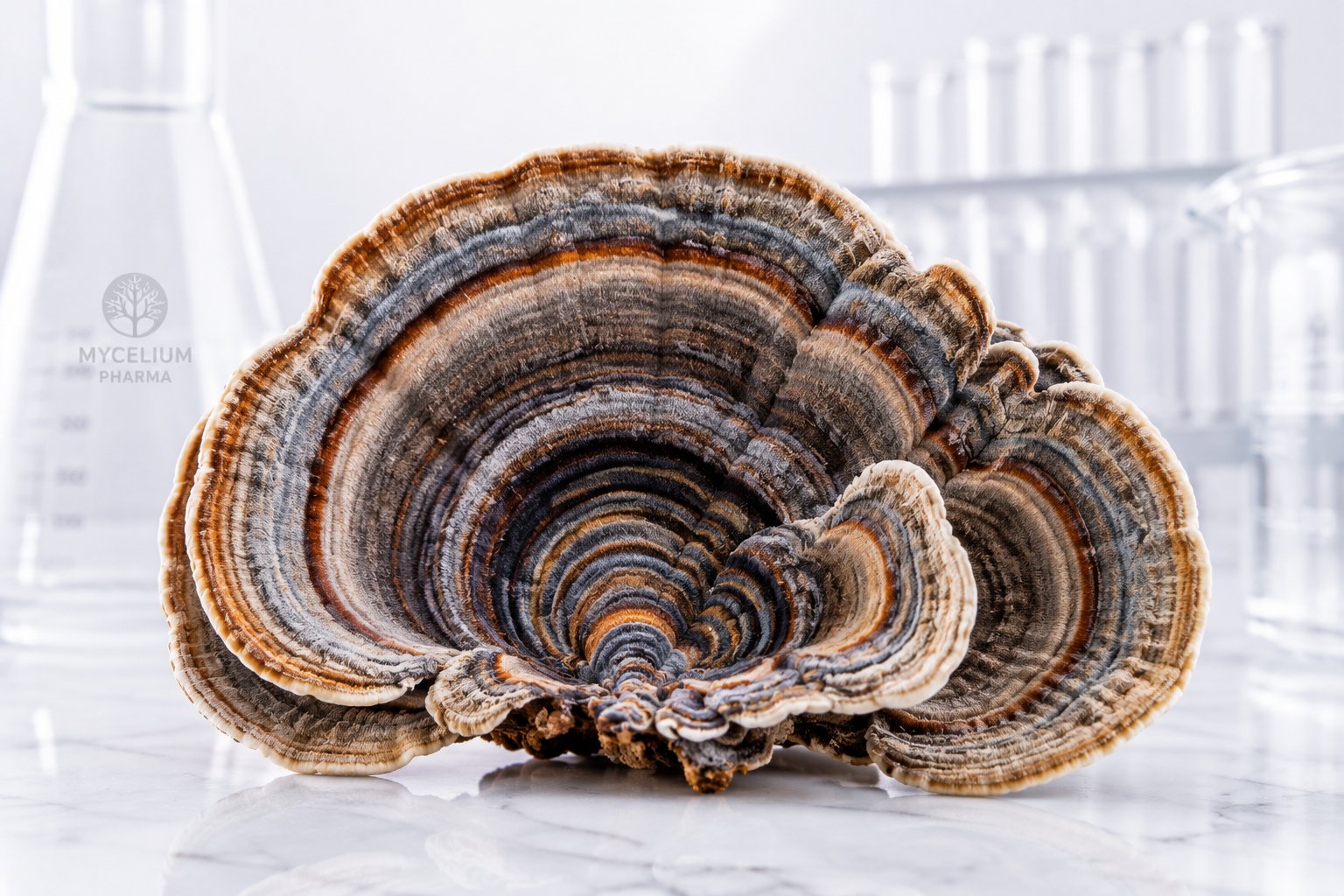 Macrofotografía hiper-realista de Cola de Pavo (Trametes versicolor), cuerpo fructífero con anillos concéntricos de colores, en ambiente de laboratorio