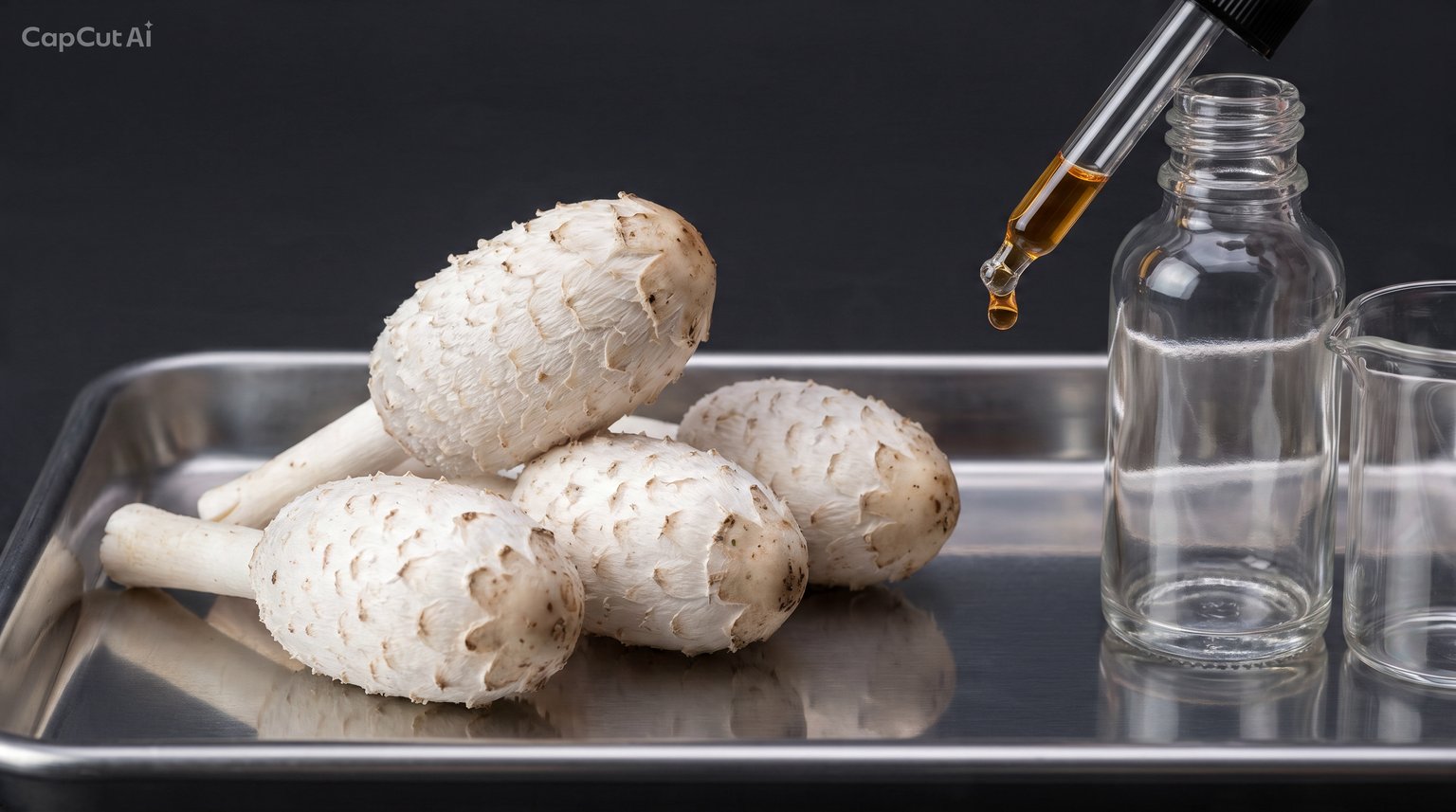 Cuerpos fructíferos de Coprinus comatus (barba de cabra) con gotero de extracto y frasco de vidrio, en bandeja de acero