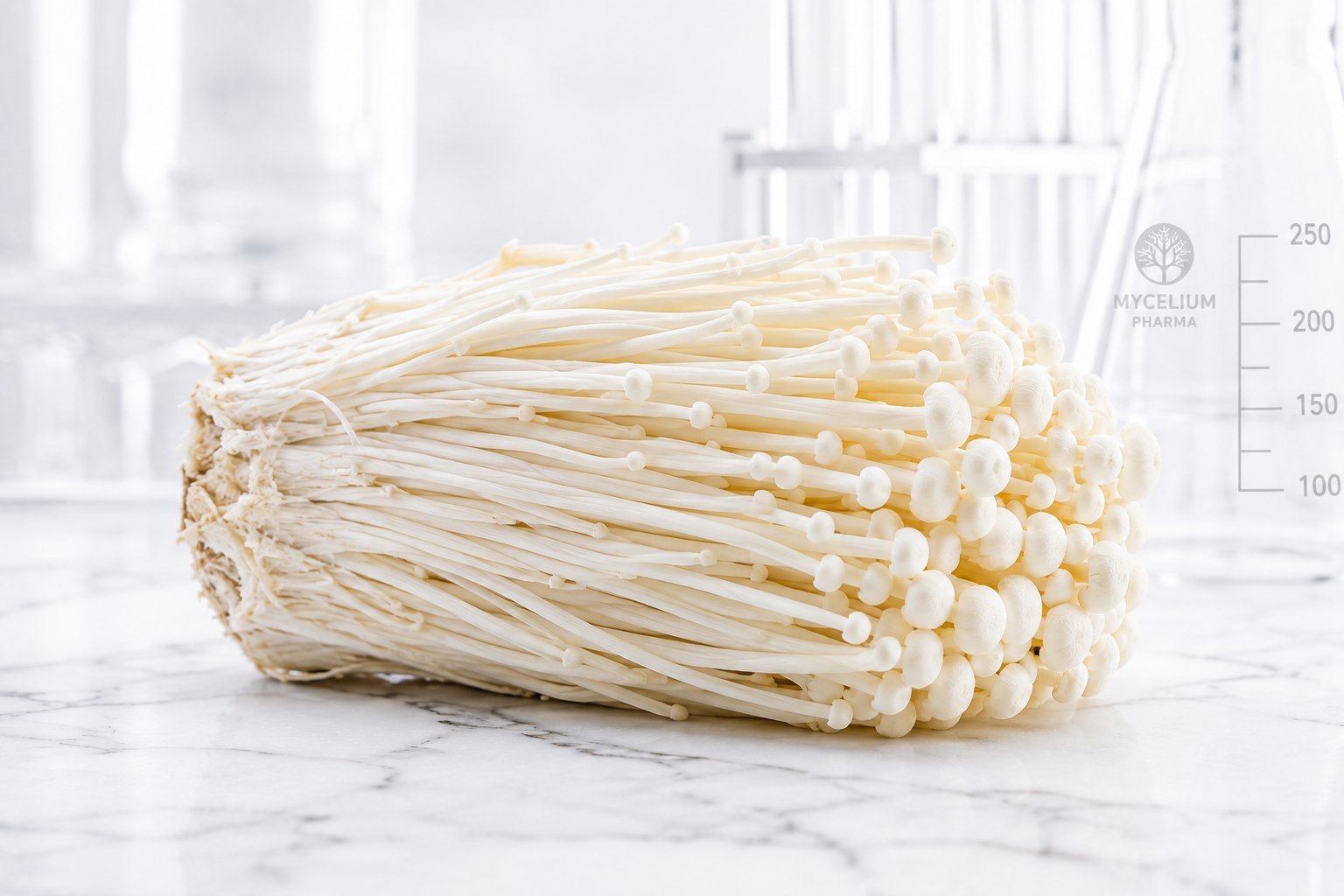Macrofotografía hiper-realista de Enoki (Flammulina velutipes), tallos blancos y finos en racimo, en ambiente de laboratorio sobre mármol