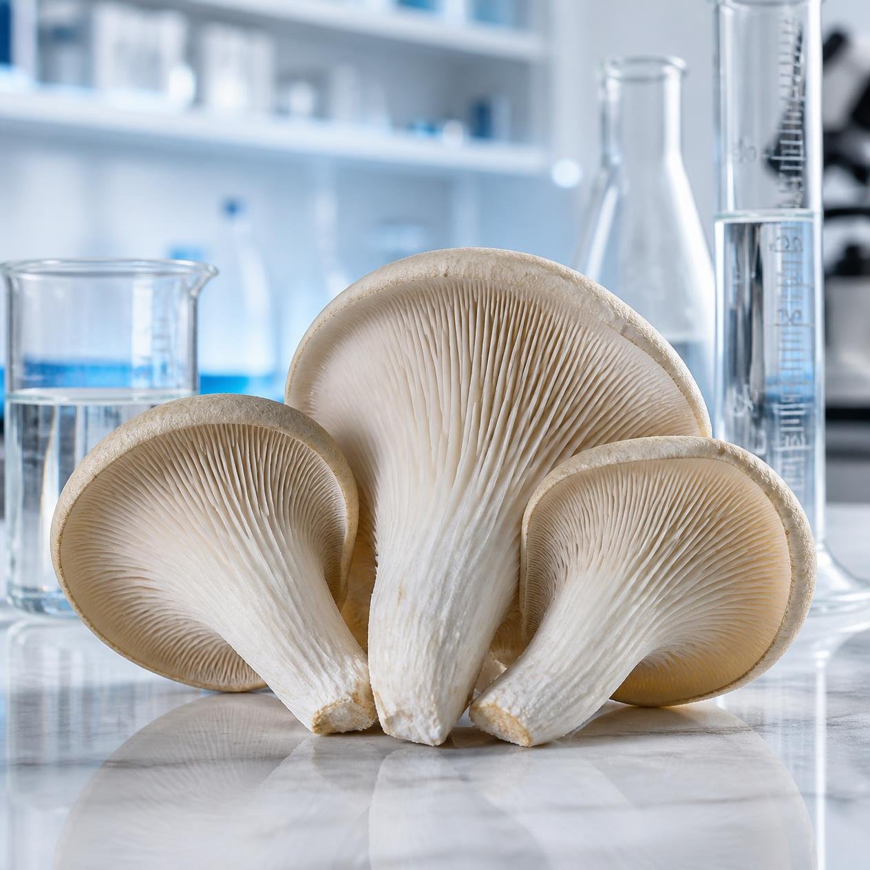 Macrofotografía hiper-realista de Gírgolas (Pleurotus ostreatus), láminas blancas en abanico, en ambiente de laboratorio