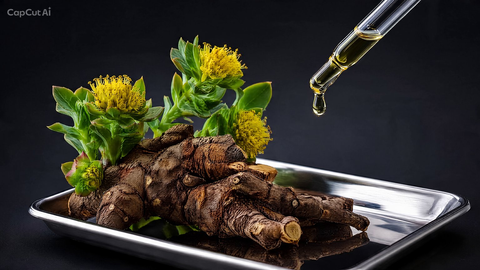 Raíces de Rhodiola rosea con flores amarillas y gotero con extracto, sobre bandeja de acero