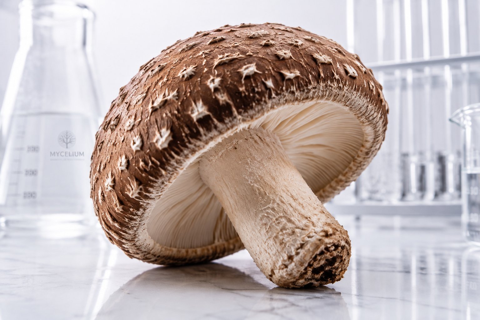 Macrofotografía hiper-realista de un hongo Shiitake (Lentinula edodes) fresco, sombrero marrón y láminas blancas, en ambiente de laboratorio