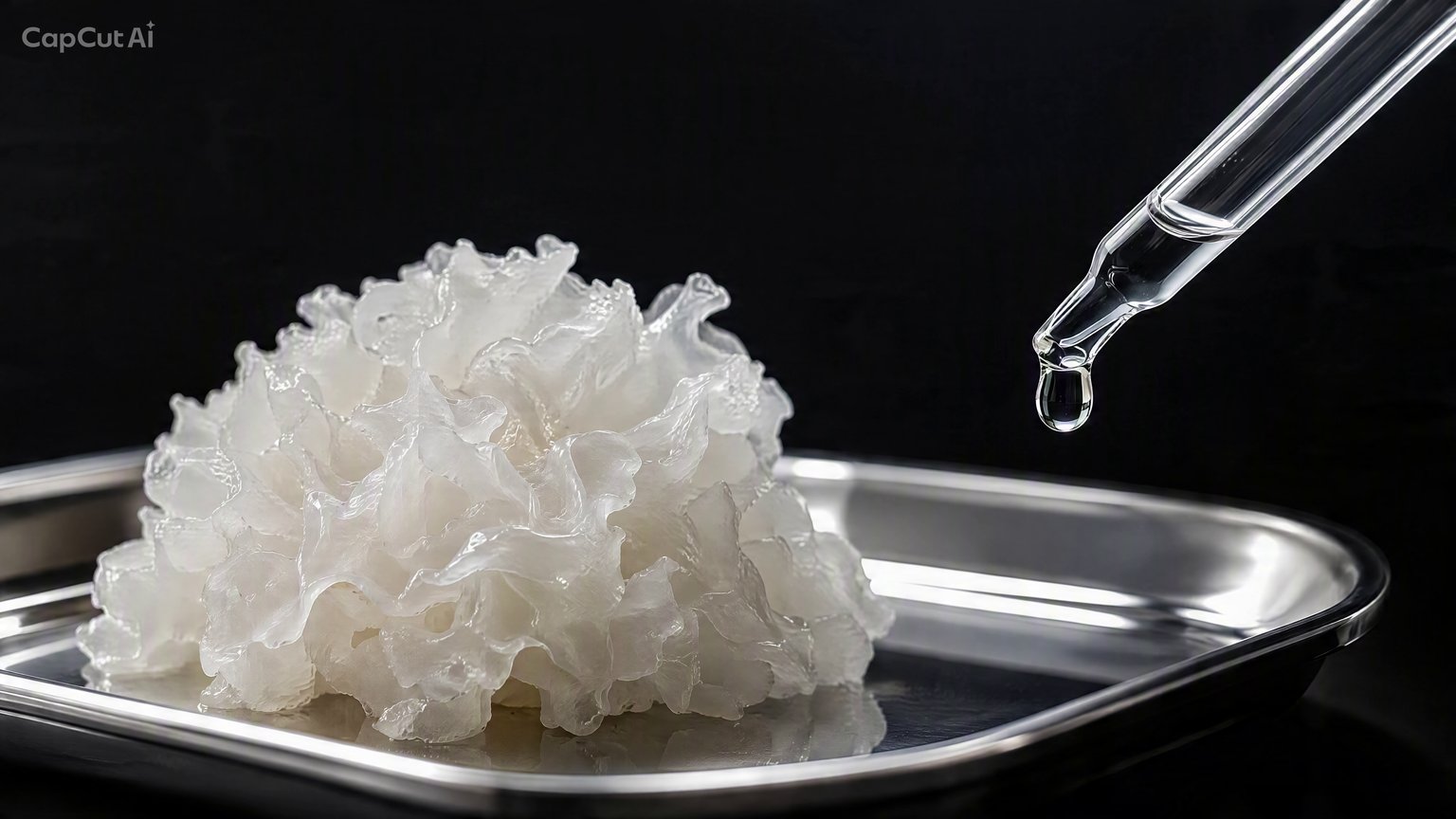 Cuerpo fructífero blanco y gelatinoso de Tremella fuciformis (Hongo de Nieve) con gotero de extracto, en bandeja de acero